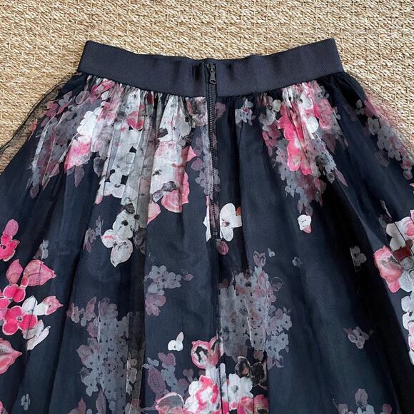 Milly Monica Tulle Overlay Black Pink Floral A-Line Skirt Grosgrain Waistband 6 - Picture 12 of 16